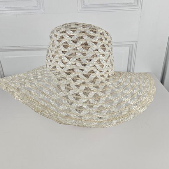 VTG 1970s wide brim sheer Hat crisscross  prairie cottage boho bridesmaid - Picture 7 of 10
